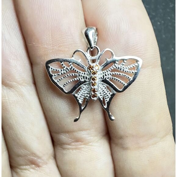Sterling Silver Butterfly Pendant / Charm Red-Orange CZ Stones w/ Gift Box ๐ - Picture 5 of 7